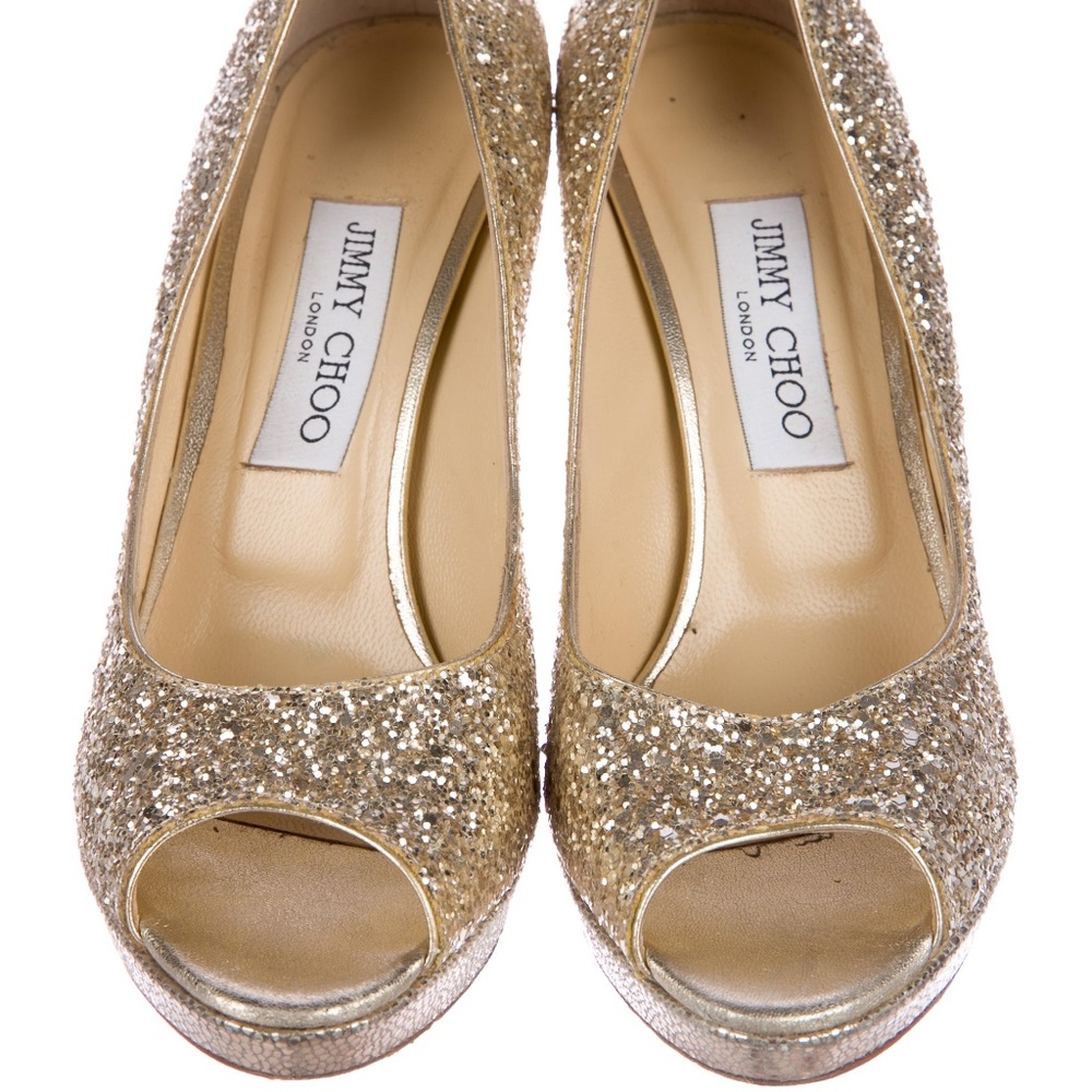 Jimmy Choo Gold Glitter Peep-toe Pumps Size 8.5 - Picture 3 of 5